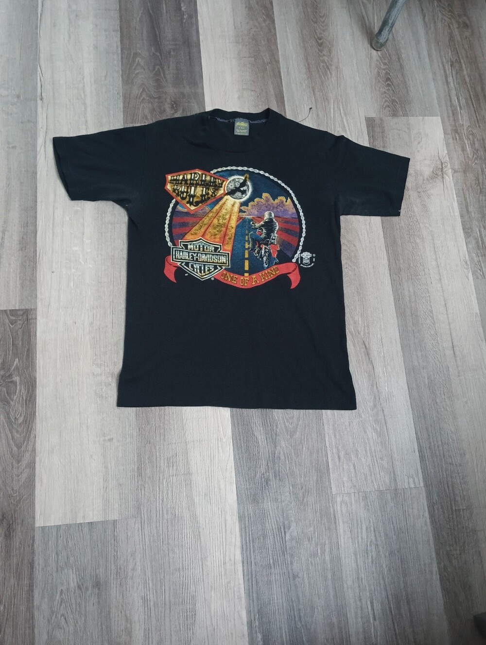 Vintage Harley-Davidson Black Graphic Tee with Red and Orange Accents